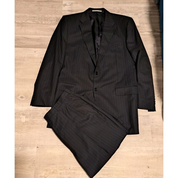 Hickey Freeman Suit Mens 44L Black Pinstripe 2 Button Loro Piana Super 130s Wool